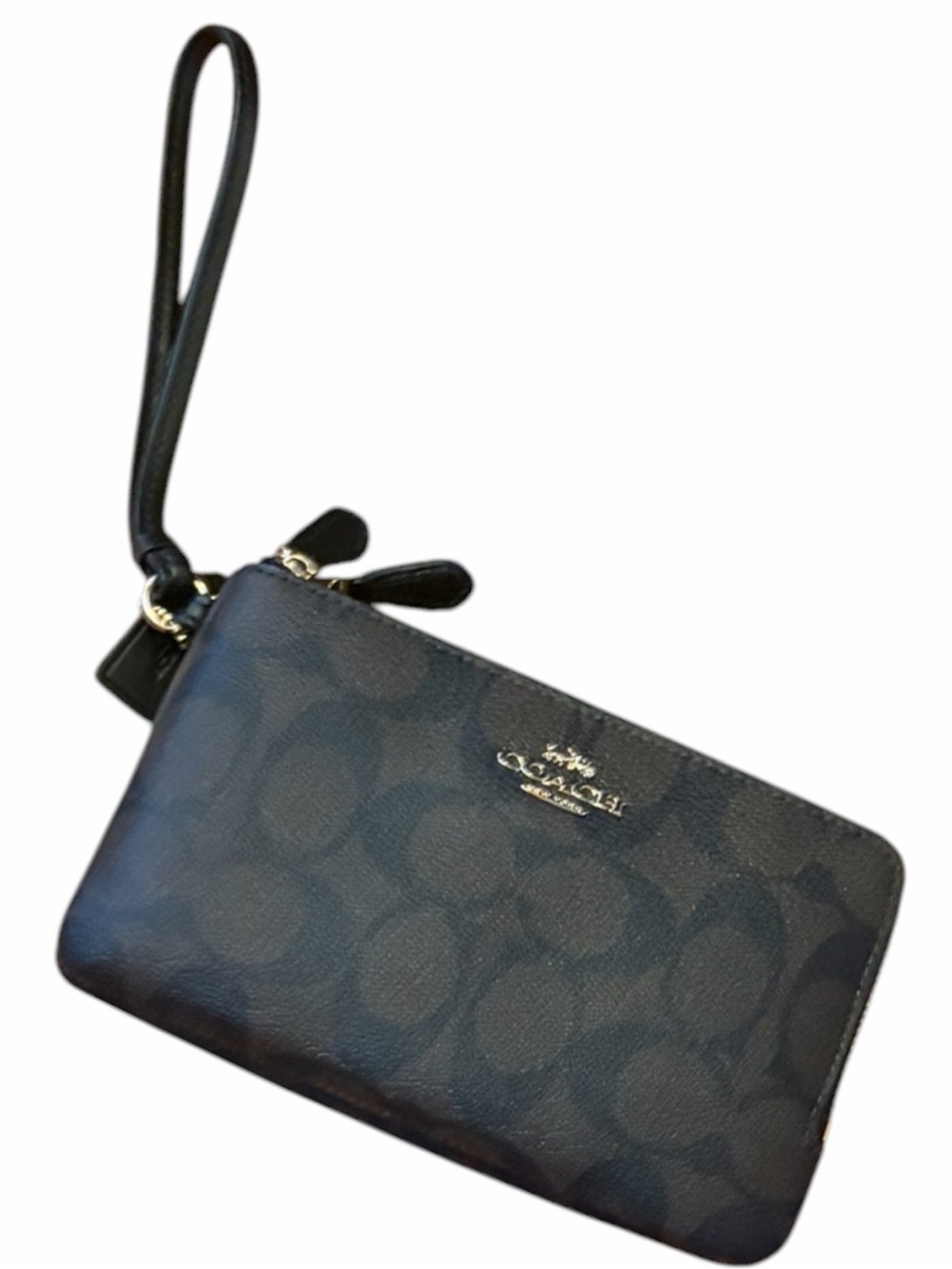 NWT Coach Black and Brown Signature Canvas Wristlet Wallet with Gold Logo